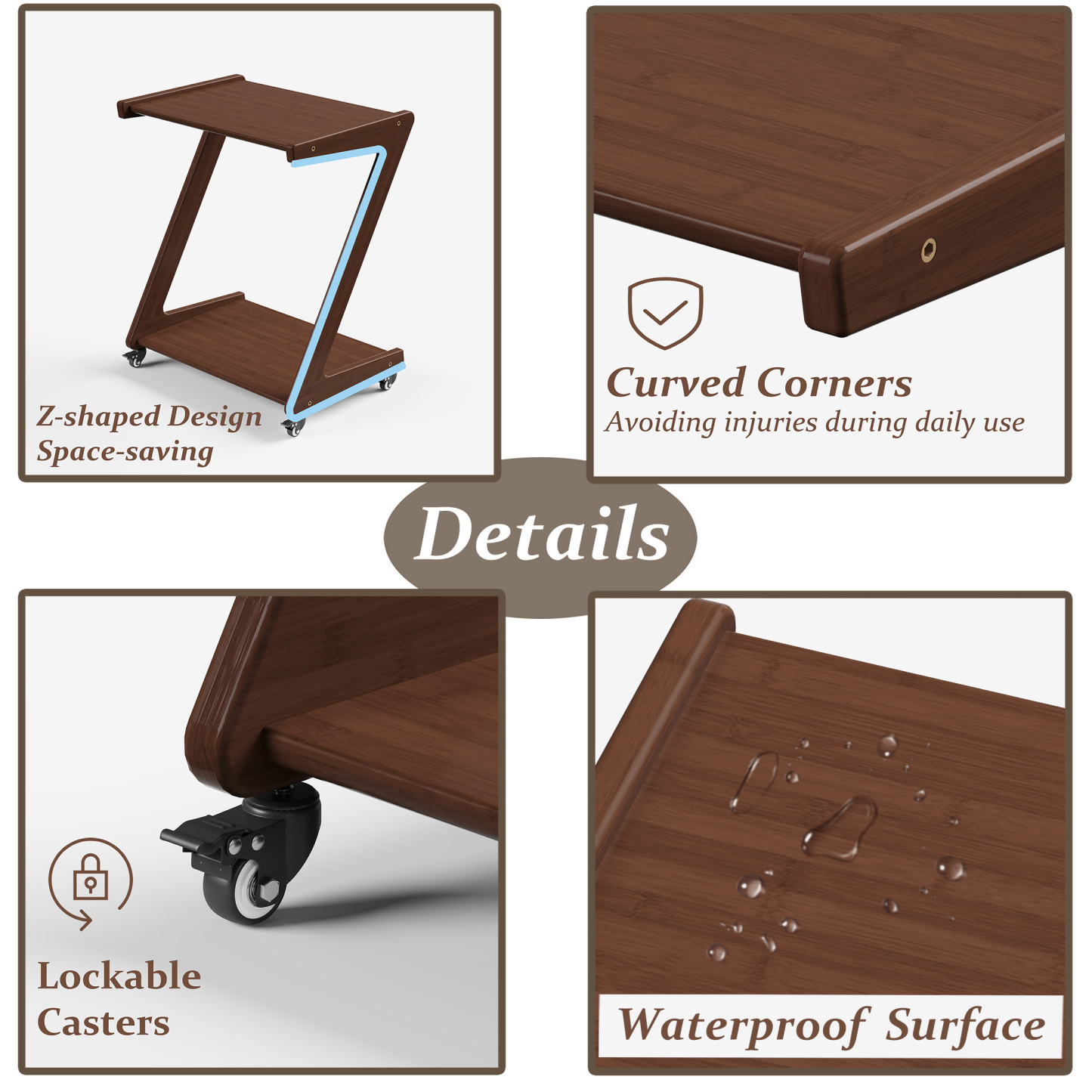 FSCHOS Z-Shape Solid Bamboo End Table with Casters, 2-Tier Desktop for Storage, Bedside Table for Bedroom, TV Snack Table for Living Room, Walnut