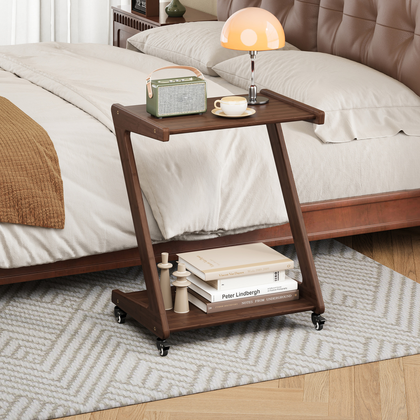 FSCHOS Z-Shape Solid Bamboo End Table with Casters, 2-Tier Desktop for Storage, Bedside Table for Bedroom, TV Snack Table for Living Room, Walnut