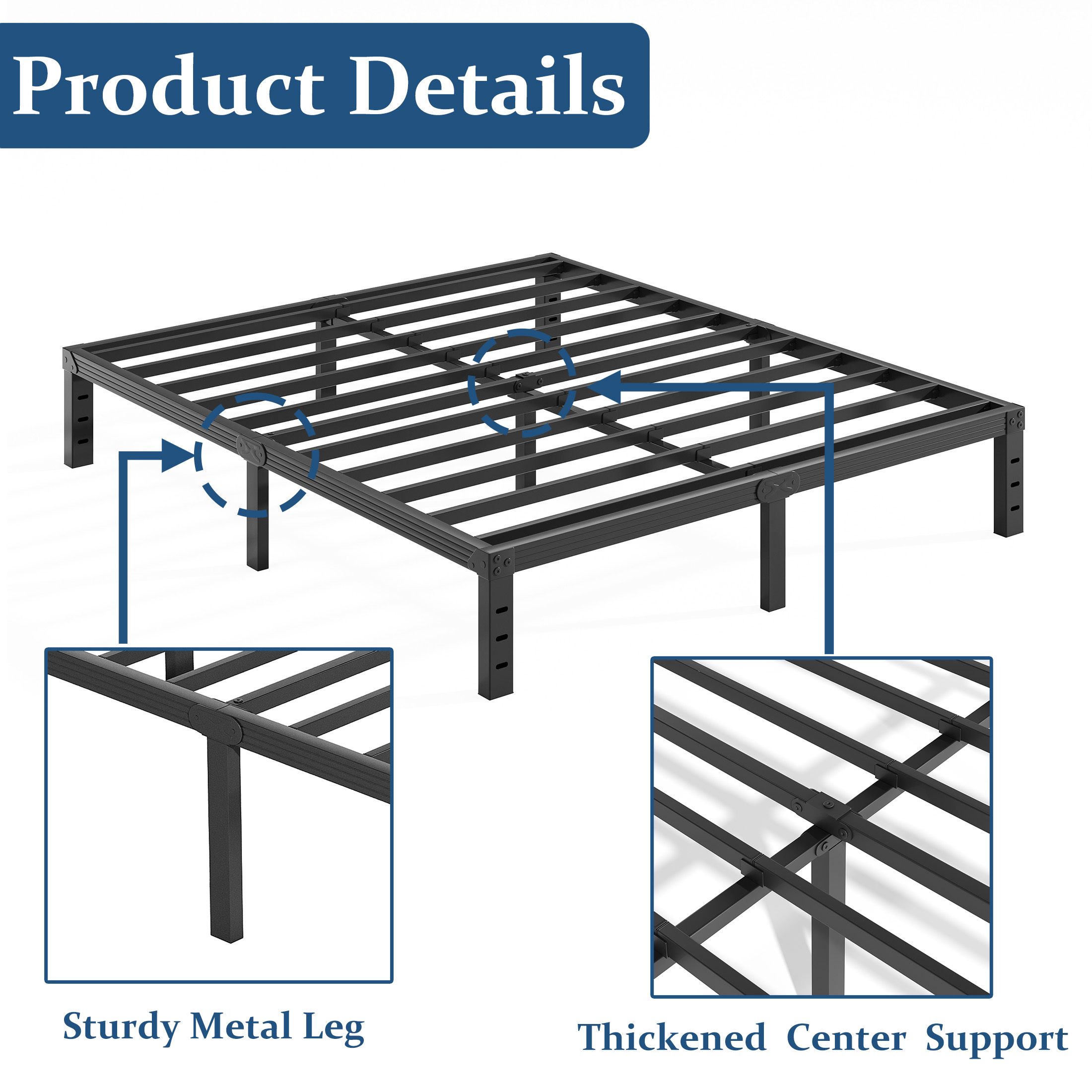 FSCHOS 14 Inch Heavy Duty Metal Platform Queen Size Bed Frame, No Box Spring Needed, Easy Assembly, Black.