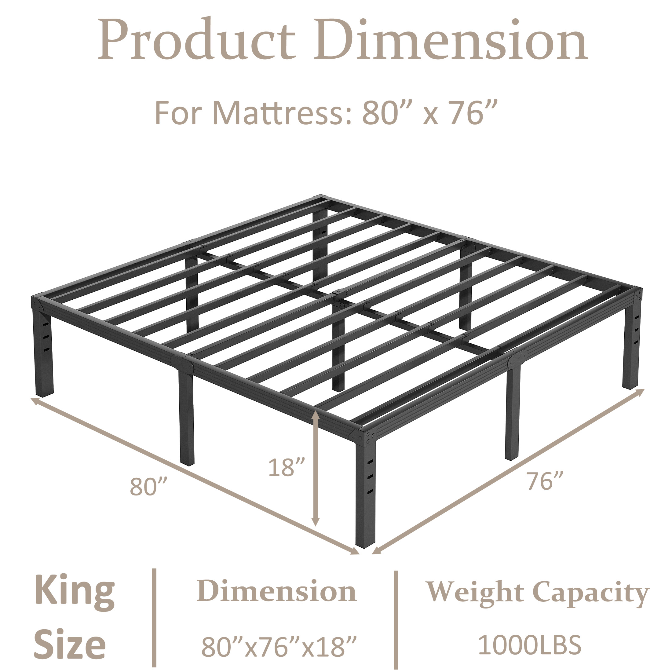 FSCHOS 18 inch King Size Metal Bed Frame, Heavy Duty Metal Platform with Ample Storage Space, Sturdy Construction, No Box Spring Needed
