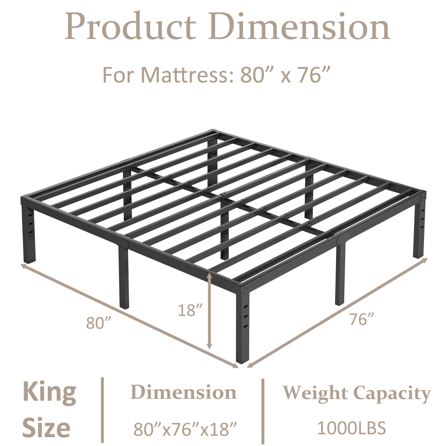 FSCHOS 18 inch King Size Metal Bed Frame, Heavy Duty Metal Platform with Ample Storage Space, Sturdy Construction, No Box Spring Needed