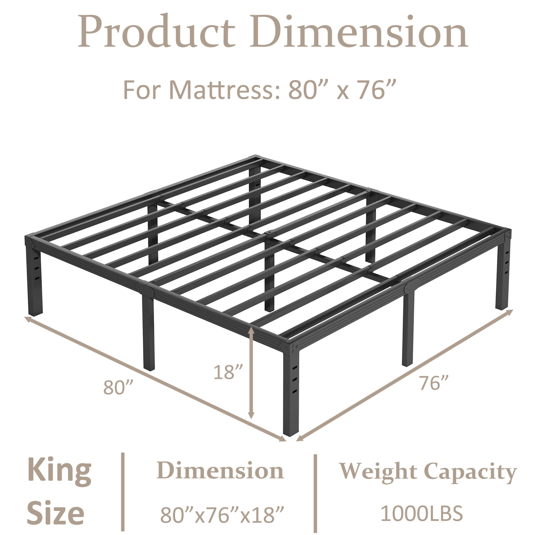 FSCHOS 18 inch King Size Metal Bed Frame, Heavy Duty Metal Platform with Ample Storage Space, Sturdy Construction, No Box Spring Needed