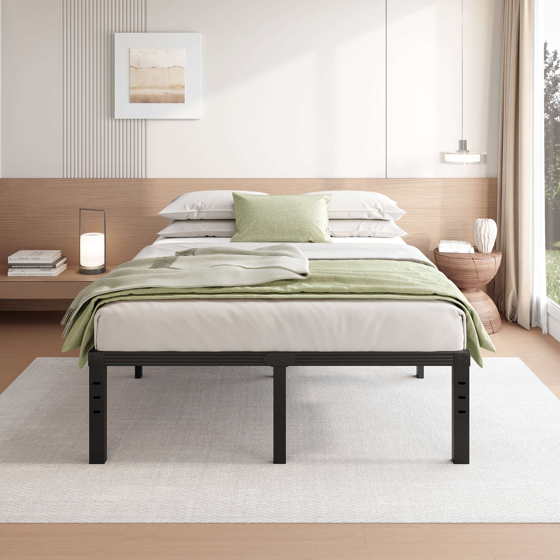 FSCHOS 18 inch Queen Size Metal Bed Frame, Heavy Duty Metal Platform with Ample Storage Space, Sturdy Construction, No Box Spring Needed