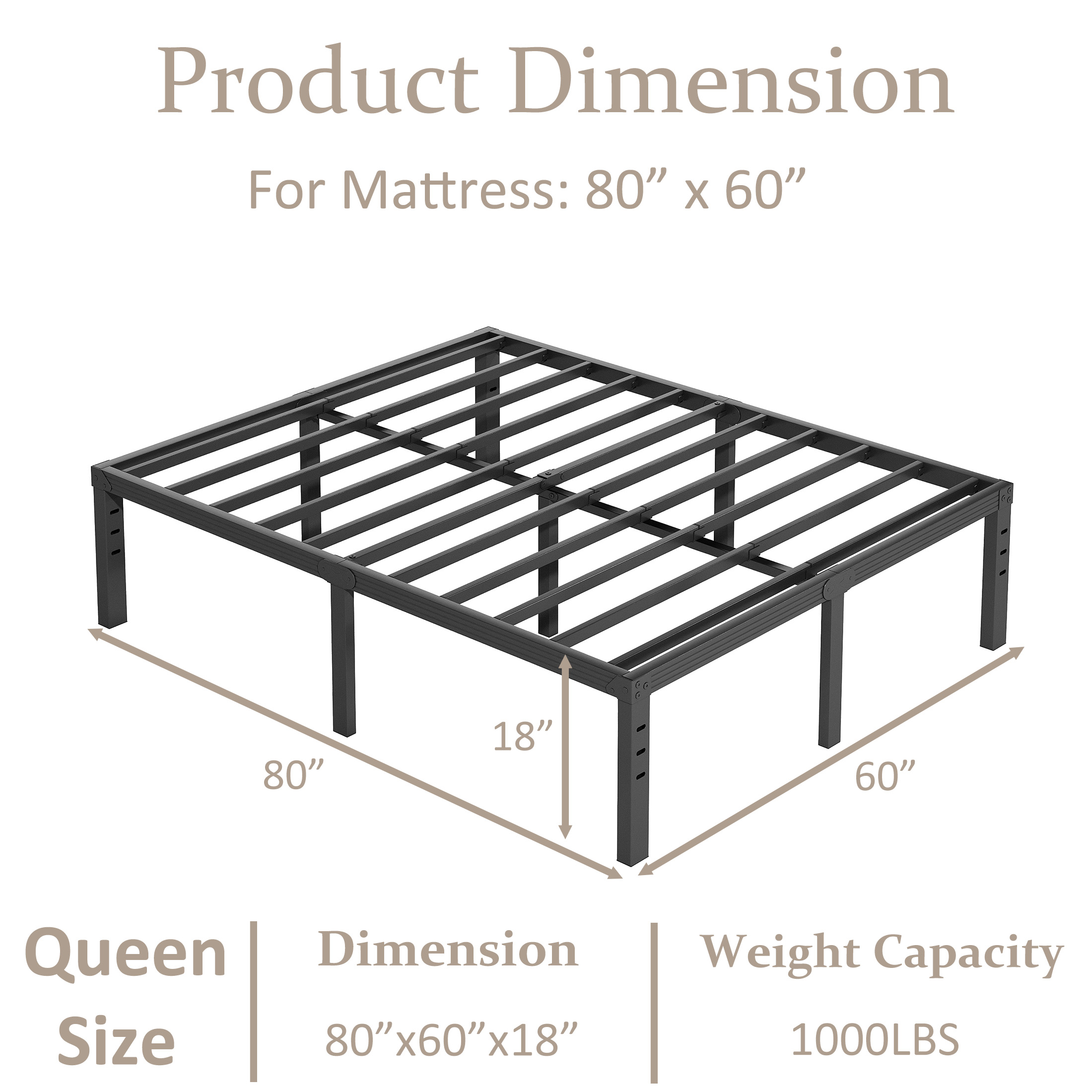 FSCHOS 18 inch Queen Size Metal Bed Frame, Heavy Duty Metal Platform with Ample Storage Space, Sturdy Construction, No Box Spring Needed