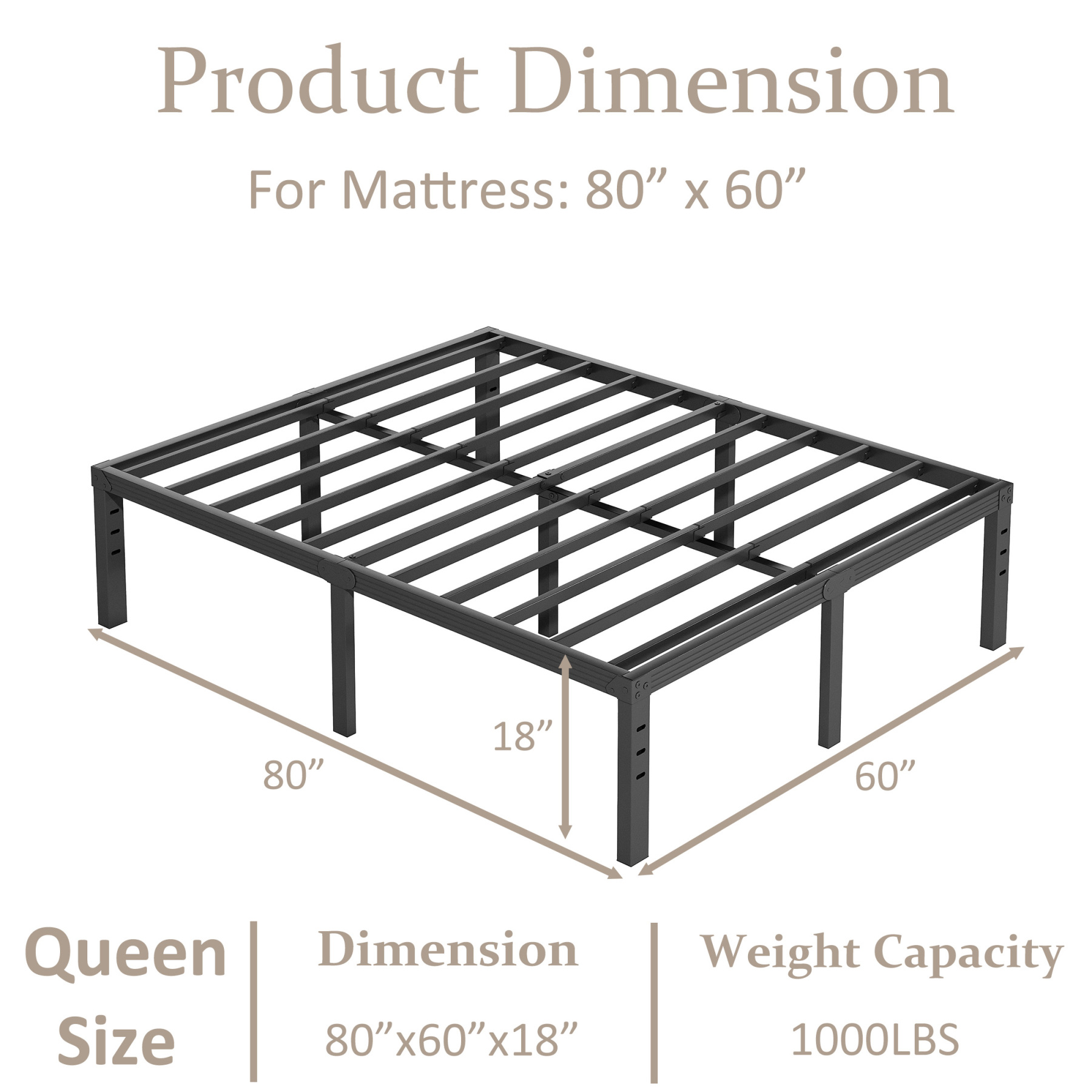 FSCHOS 18 inch Queen Size Metal Bed Frame, Heavy Duty Metal Platform with Ample Storage Space, Sturdy Construction, No Box Spring Needed