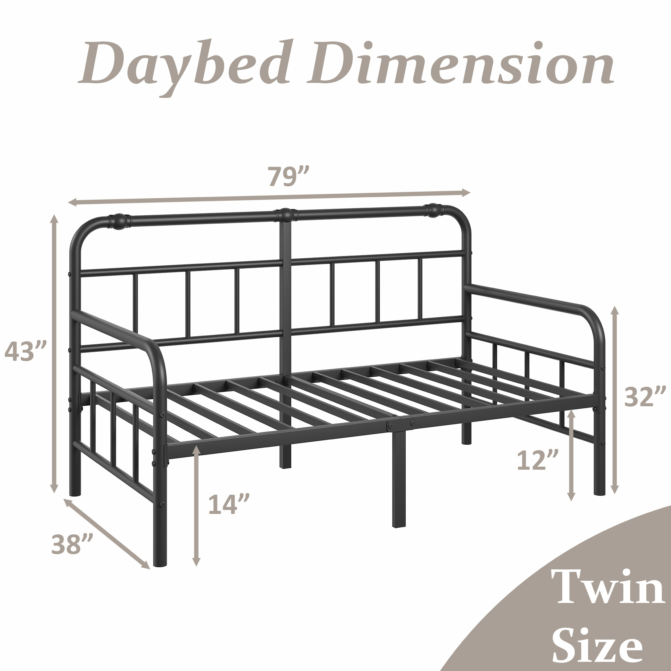 FSCHOS 14 inch Twin Size Metal Daybed Frame, Twin Sofa Daybed Frame for Living Room, Heavy Duty Slats Support
