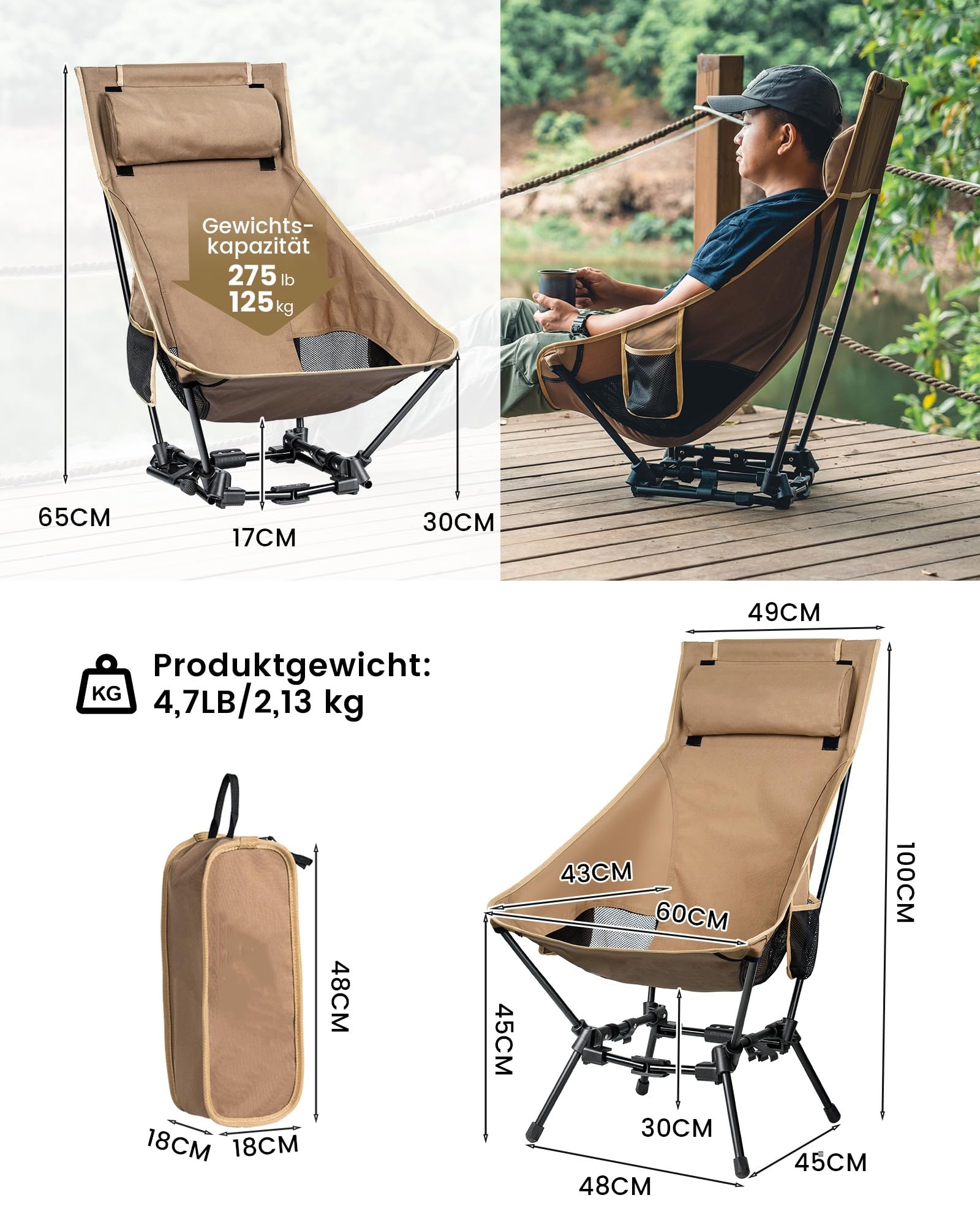 CREDIBILITATE COMPANIE Campingstuhl Hochlehner faltbar 125 kg, Klappstuhl Camping leicht, Angelstuhl klappbar mit 2 Seitentaschen, Faltstuhl Ultraleicht für Outdoor, Wandern