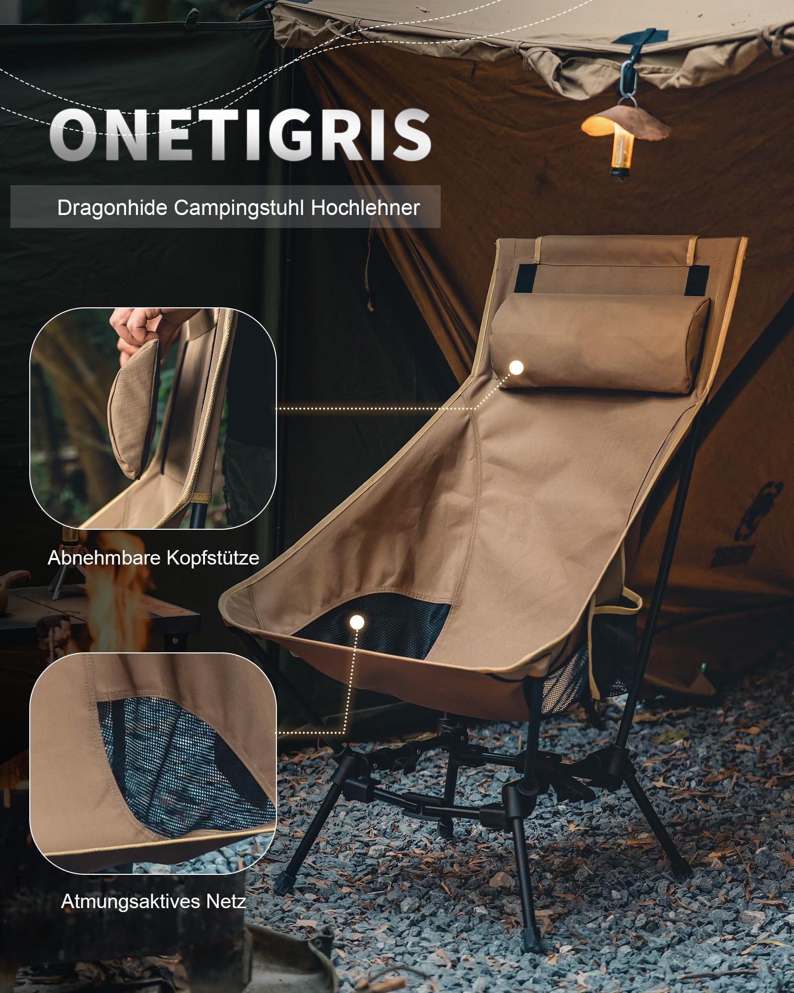 CREDIBILITATE COMPANIE Campingstuhl Hochlehner faltbar 125 kg, Klappstuhl Camping leicht, Angelstuhl klappbar mit 2 Seitentaschen, Faltstuhl Ultraleicht für Outdoor, Wandern