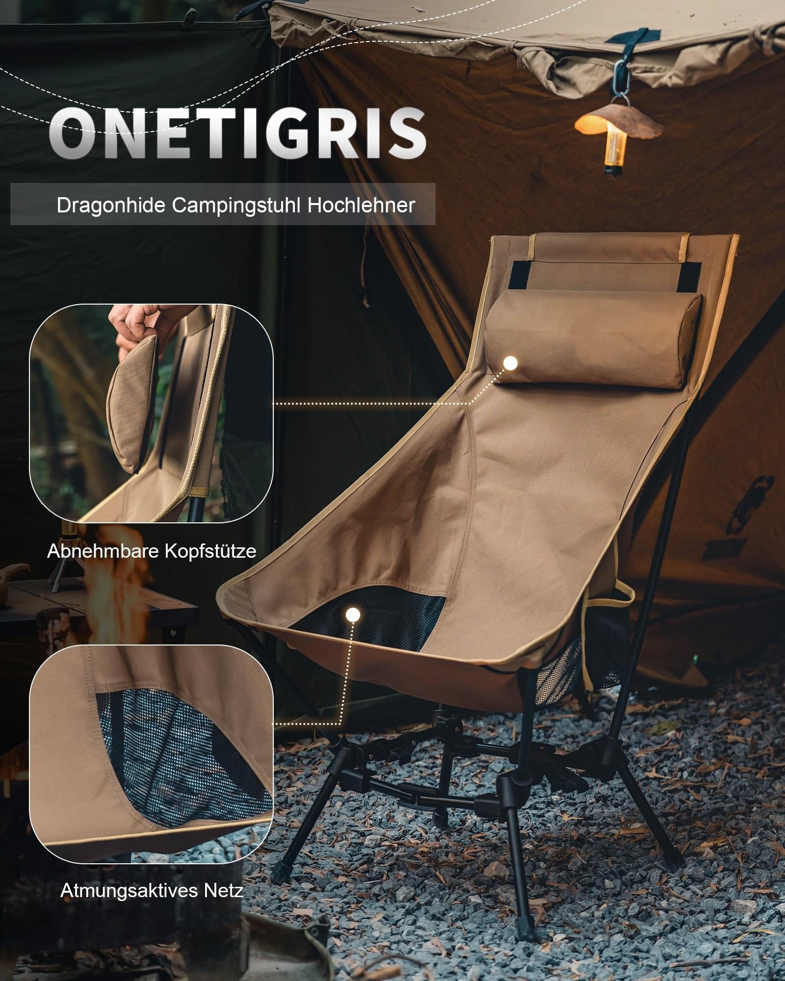 CREDIBILITATE COMPANIE Campingstuhl Hochlehner faltbar 125 kg, Klappstuhl Camping leicht, Angelstuhl klappbar mit 2 Seitentaschen, Faltstuhl Ultraleicht für Outdoor, Wandern