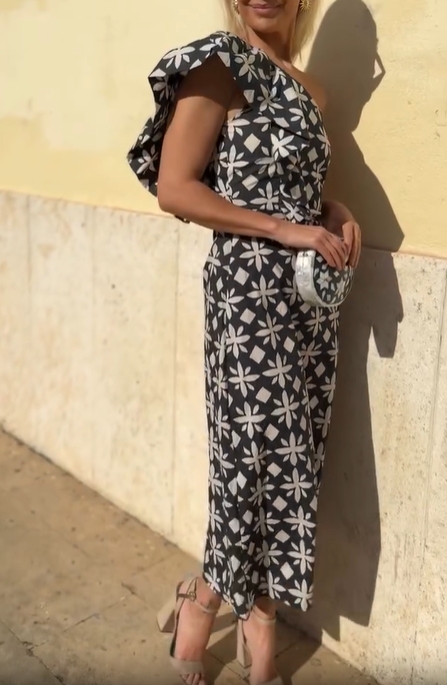 One-Shoulder Artistic Print Draped Dress