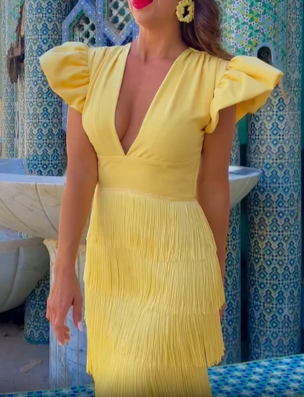 Ruffled Fringe V-Neck Midi Dress