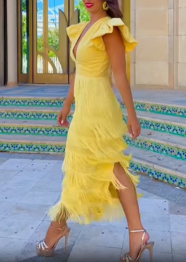 Ruffled Fringe V-Neck Midi Dress