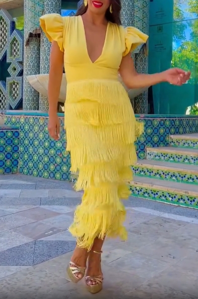 Ruffled Fringe V-Neck Midi Dress