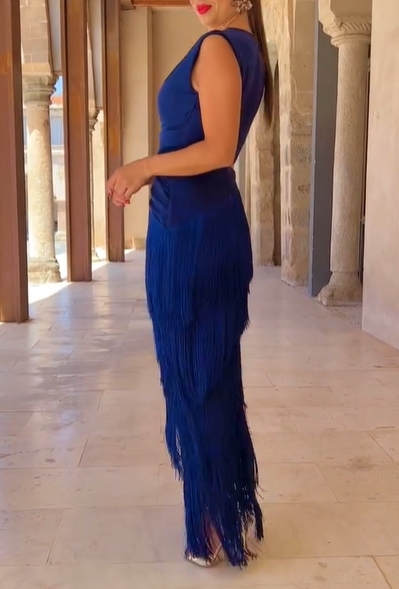 Draped V-Neck Fringe Maxi Dress