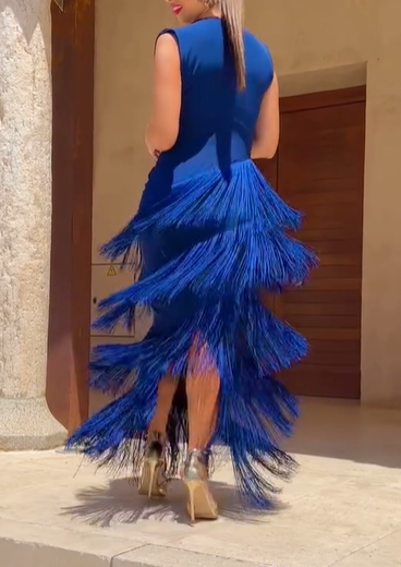 Draped V-Neck Fringe Maxi Dress