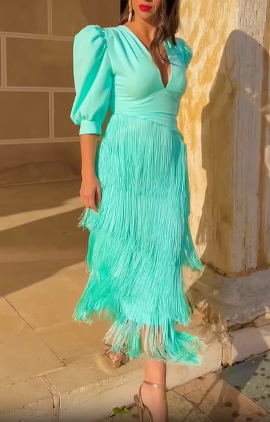 Aqua Puff Sleeve Fringe Midi Dress