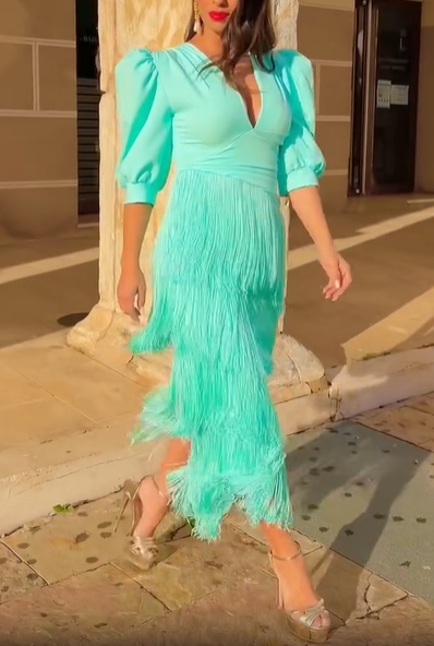 Aqua Puff Sleeve Fringe Midi Dress