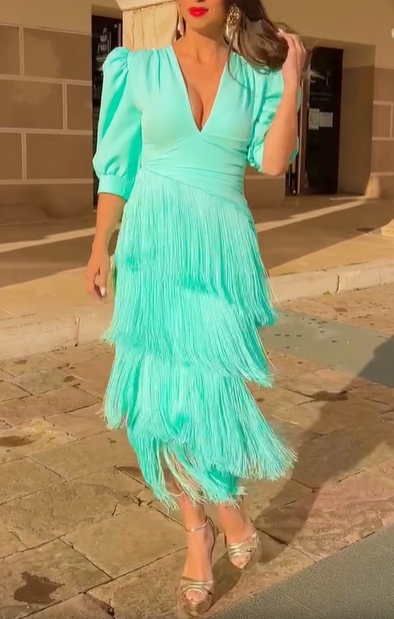 Aqua Puff Sleeve Fringe Midi Dress