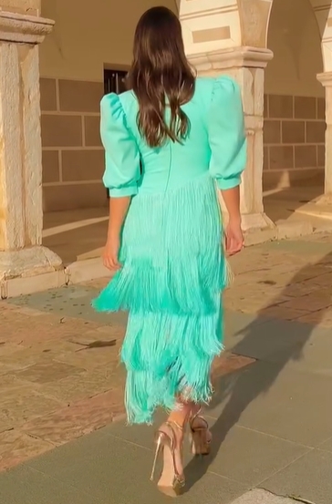 Aqua Puff Sleeve Fringe Midi Dress