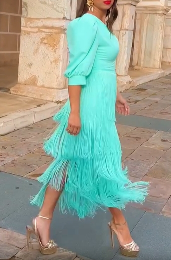 Aqua Puff Sleeve Fringe Midi Dress