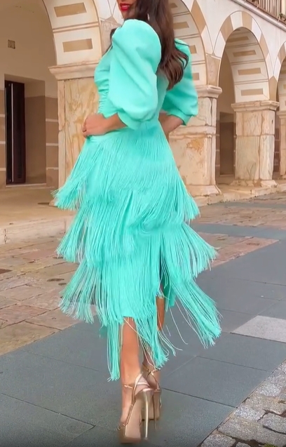 Aqua Puff Sleeve Fringe Midi Dress
