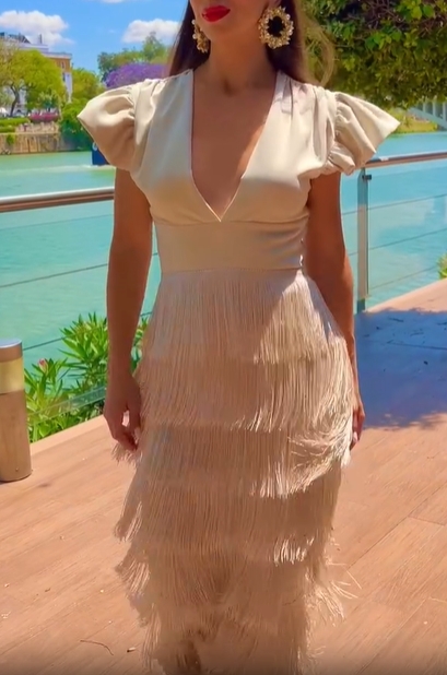 Ruffled Fringe V-Neck Midi Dress