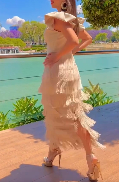 Ruffled Fringe V-Neck Midi Dress