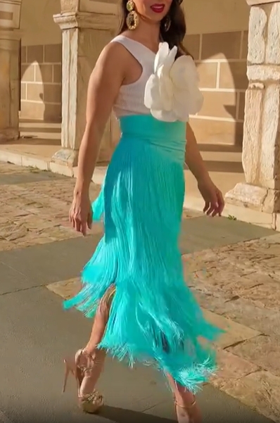 White Top & Mint Fringe Skirt Set