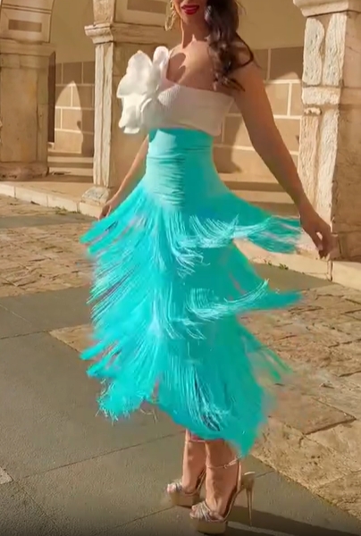 White Top & Mint Fringe Skirt Set