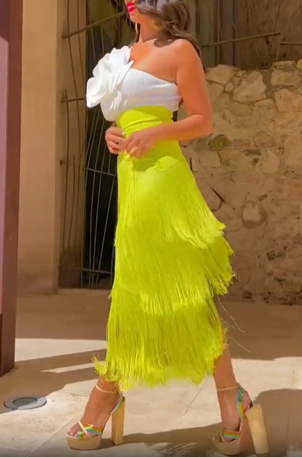 White Top & Lime Fringe Skirt Set