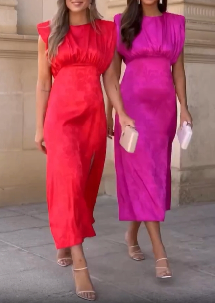 Fuchsia Jacquard Sleeveless Midi Dress with Side Slit