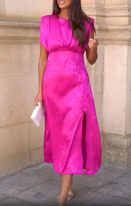 Fuchsia Jacquard Sleeveless Midi Dress with Side Slit