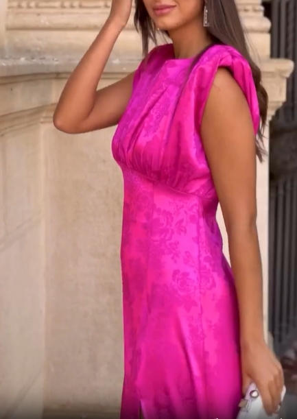 Fuchsia Jacquard Sleeveless Midi Dress with Side Slit