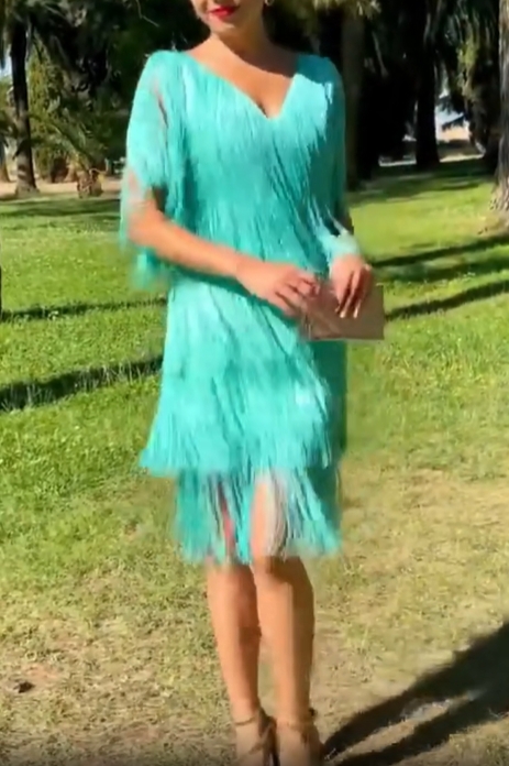 Aqua Blue Fringe Mini Dress with V-Back