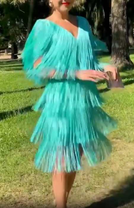 Aqua Blue Fringe Mini Dress with V-Back