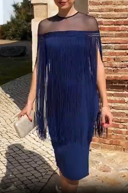 Navy Fringe Illusion Midi Dress