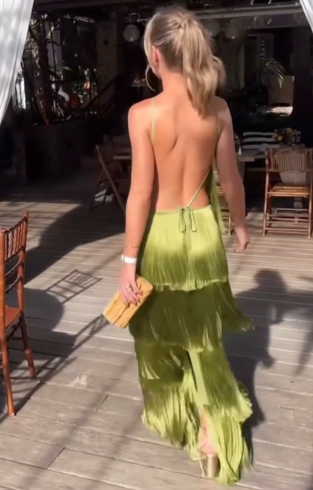 Fringe Halter Tiered Maxi Dress