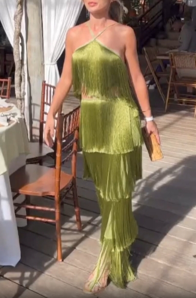Fringe Halter Tiered Maxi Dress