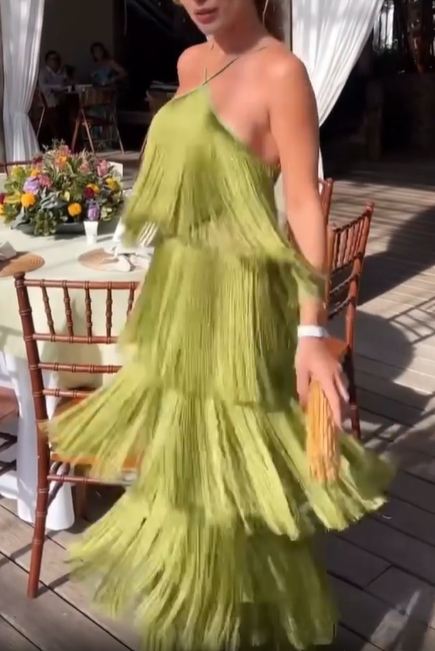 Fringe Halter Tiered Maxi Dress