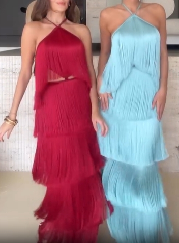 Fringe Halter Tiered Maxi Dress