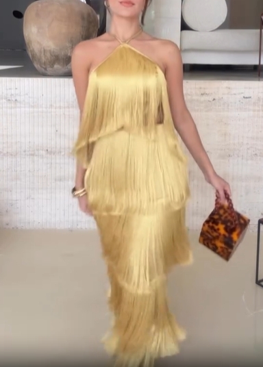 Fringe Halter Tiered Maxi Dress
