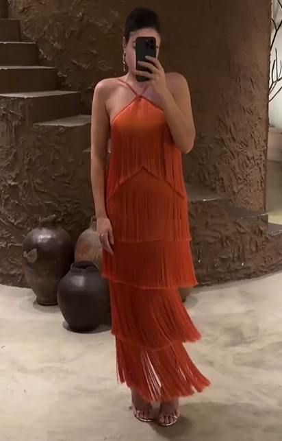 Fringe Halter Tiered Maxi Dress