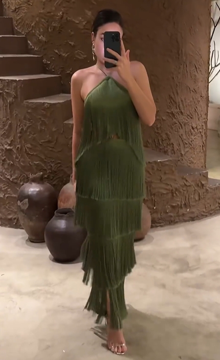 Fringe Halter Tiered Maxi Dress