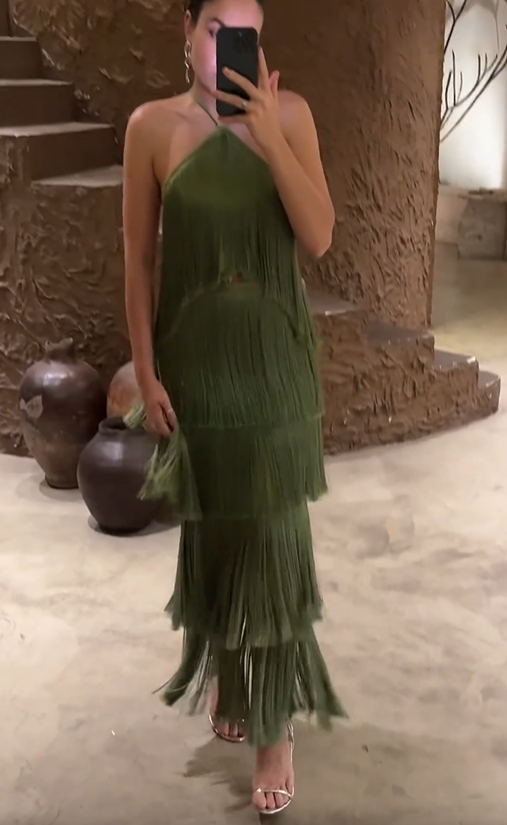 Fringe Halter Tiered Maxi Dress