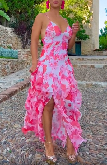 Pink Watercolor Floral High-Low Dress