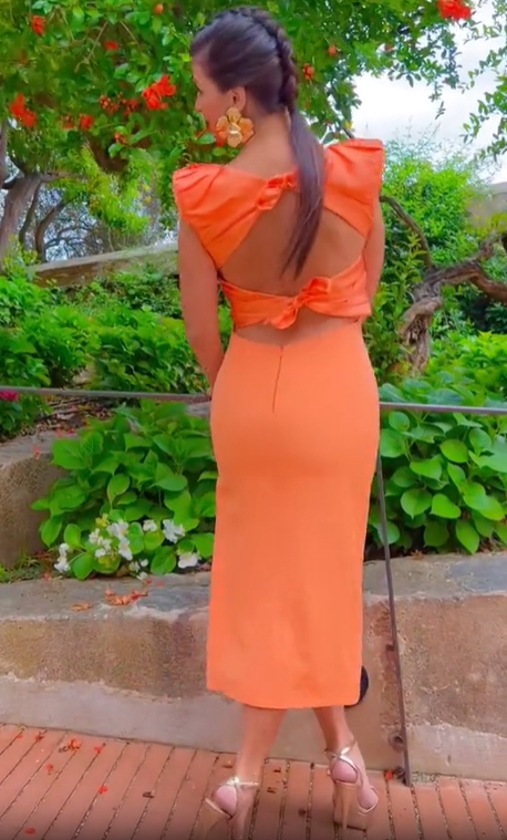 Sunset Orange Bow-Tie Back Midi Dress
