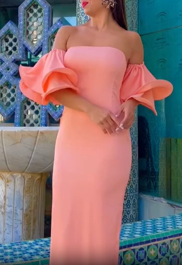 Peach Off-Shoulder Ruffle Gown