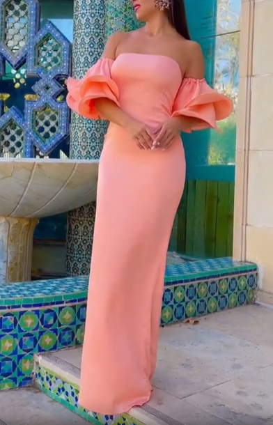 Peach Off-Shoulder Ruffle Gown