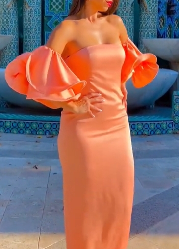 Peach Off-Shoulder Ruffle Gown