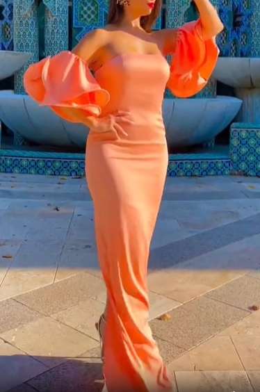 Peach Off-Shoulder Ruffle Gown